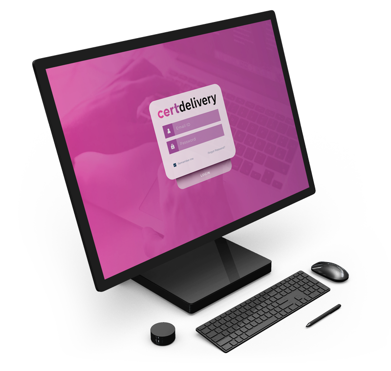 PC con schermata su accesso a software CertDelivery: software trasmissione documenti sicura e multicanale, tracciabilità e gestione notifiche.