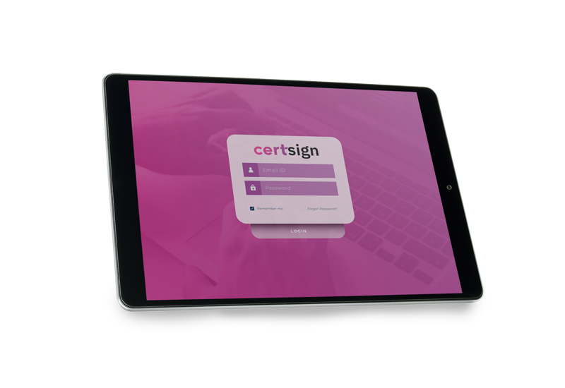 Tablet con schermata su accesso a software CertSign: software per la firma digitale su documenti di trasporto in mobilità: tracciabilità, geolocalizzazione